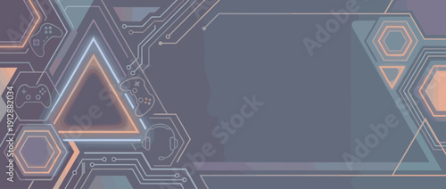 Futuristic Gaming Streaming Banner Background with Neon Geometric Shapes, Glowing Triangles, Hexagons, and Circuit Board Patterns Featuring Game Controller Icons and Copy Space for Esports