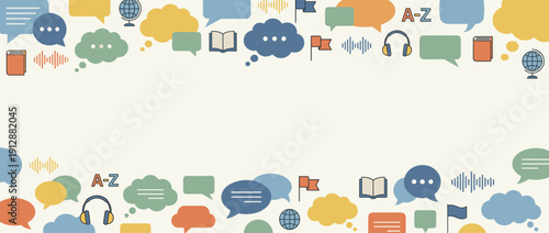Panoramic Vector Banner for Language Learning and Education Featuring Colorful Speech Bubbles, Books, Globes, Headphones, and Flags on a Clean Background with Copy Space for Custom Text.