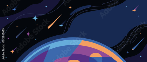 Panoramic Vector Illustration of Outer Space Exploration Banner with Colorful Planet Arc, Shooting Stars, Meteors, and Glowing Constellations on Dark Blue Background with Copy Space for Text