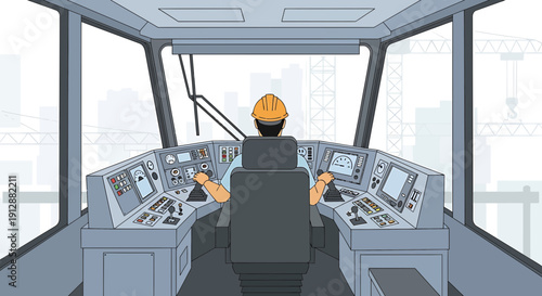 Operator in Train Cabin Controlling Machinery, Construction Site View