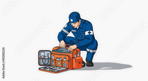 Paramedic Preparing Medical Kit for Emergency Response, First Aid Bag Open