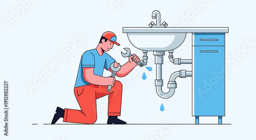 Plumber Fixing Leaky Sink Pipes with Wrench, Home Repair Service