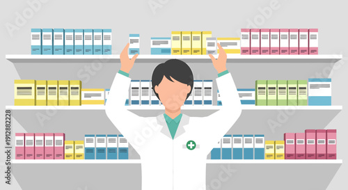 Pharmacist Arranging Medicine Boxes on Shelves, Healthcare Professional at Work