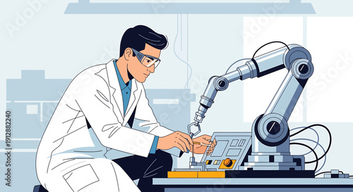 Scientist working with robotic arm in modern laboratory, innovation and technology