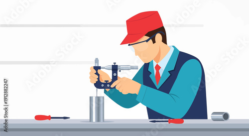 Skilled worker measures metal cylinder with micrometer tool at workbench, precision engineering