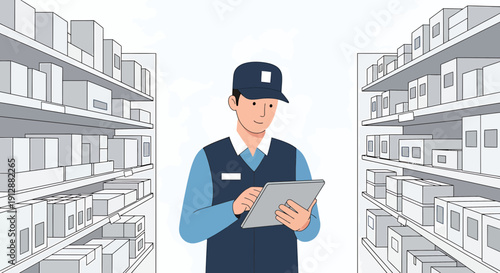 Warehouse worker with tablet checking inventory on shelves, logistics and delivery concept
