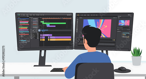 Video Editor Working on Dual Monitors with Editing Software and Graphics