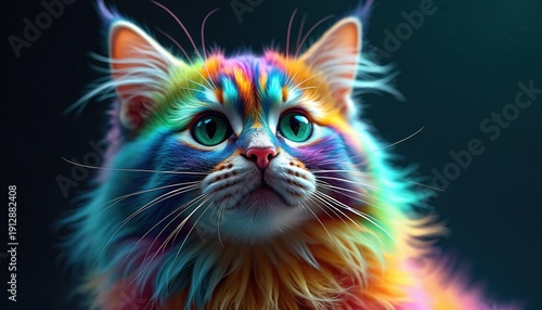 Colorful cat face with green eyes gazes forward. Feline fur swirls with vibrant psychedelic rainbow hues. Whiskers extend from the muzzle against dark background.