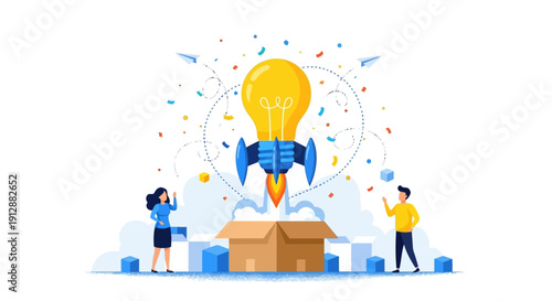 Creative Idea Launch Lightbulb Rocket Ignites Innovation and Entrepreneurship