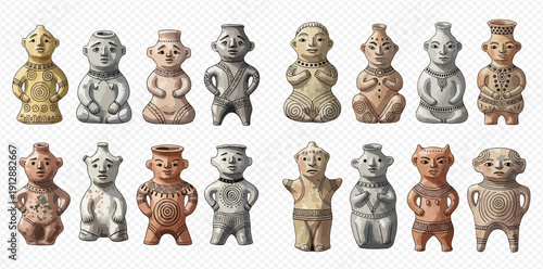 Ancient Jomon period clay figures and pottery dolls representing prehistoric Japanese culture.