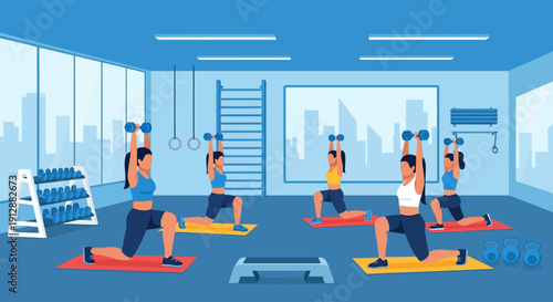 Active women performing lunge exercises with dumbbells in a vibrant gym setting