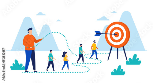 Strategic business leader guiding a dedicated team on a clear path towards achieving a shared objective and future success