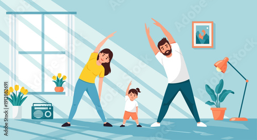 Family doing exercises together in living room home fitness concept illustration