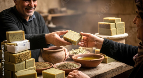 Artisan soap maker showing handmade organic bars in workshop