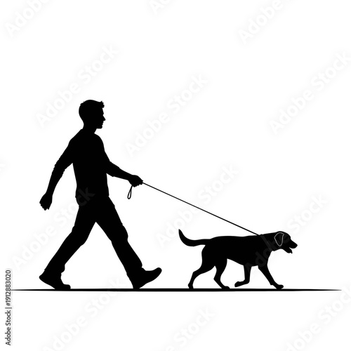 Man walking dog silhouette isolated on white background