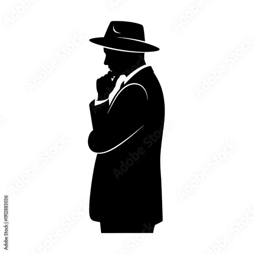 Black silhouette of a pensive man in a fedora hat isolated on white background