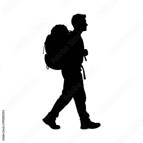 Silhouette of a man hiking with a backpack isolated on white background