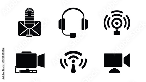 Microphone, Headset, Video Camera, Envelope, Signal Waves - Isolated Black Icons on White Background