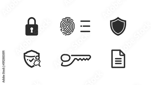 Lock, Fingerprint, Shield, Key, Encrypted File - Flat Vector Design on White Background