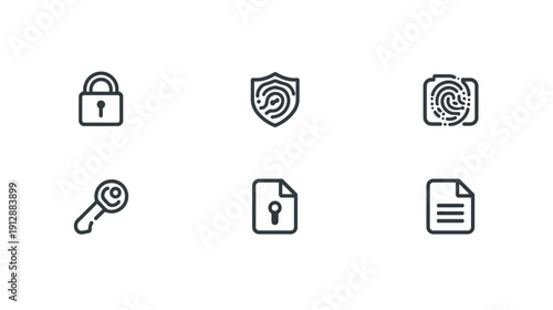 Lock, Fingerprint, Firewall Shield, Key, Encrypted File on White Background