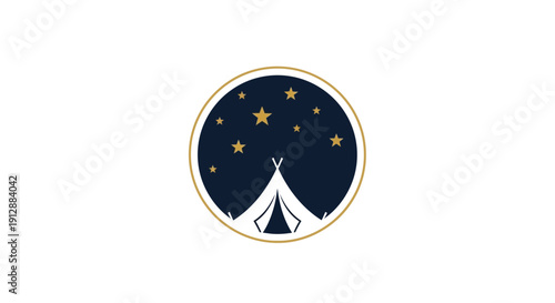 Camping under a starry night sky in a circular emblem.