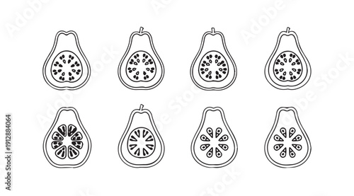 Avocado Halves Line Art Collection: Diverse Seed Patterns and Outline Styles