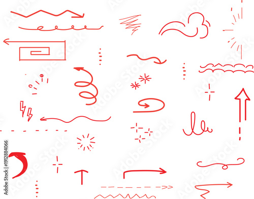  collection of hand-drawn red doodle elements and design icons. 