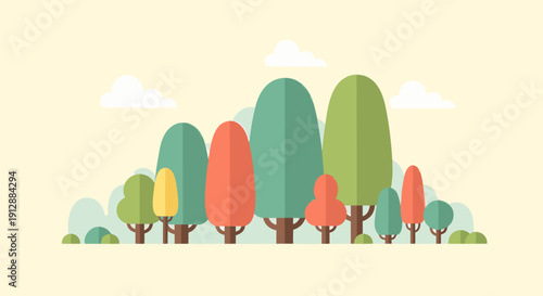 Colorful trees in a serene landscape with fluffy clouds