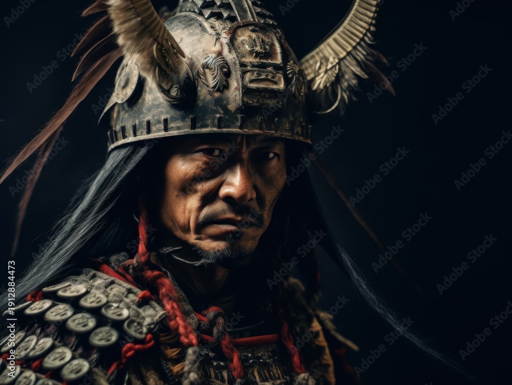 Fototapeta premium Fierce Asian warrior portrait wearing ancient metal helmet adorned with dramatic feathers and armor