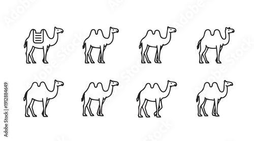 Camel Icon Set, Dromedary and Bactrian, Line Art, Isolated on White Background