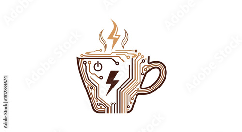 Circuit Board Coffee Cup with Lightning Bolt and Steam.