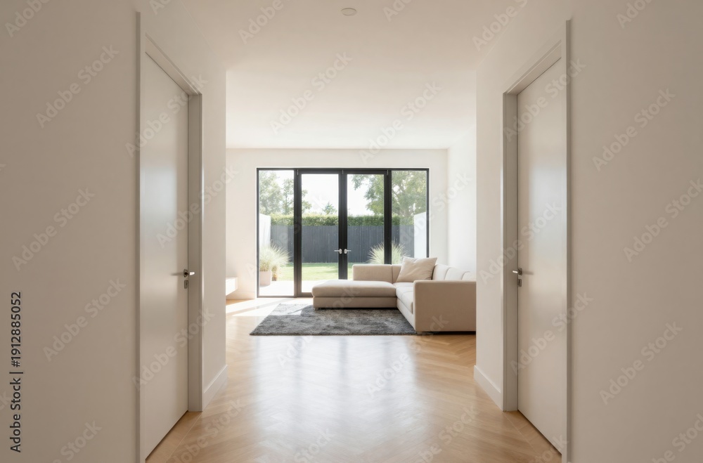Obraz premium Bright Modern Home Interior with Open Floor Plan and Garden View through Glass Doors