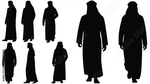 Arab men wearing traditional thobe and ghutra silhouette set