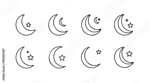 Collection of Crescent Moon and Star Icons with Varied Designs