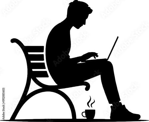 Remote work silhouette of man sitting with laptop for hybrid lifestyle.