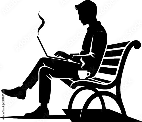 Freelancer or digital nomad silhouette working with computer and coffee.