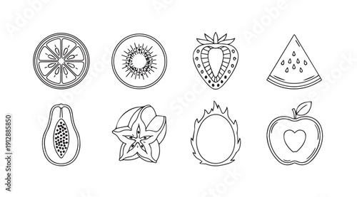 Collection of Hand Drawn Fruit Icons: Orange, Kiwi, Strawberry, Watermelon, Papaya, Starfruit, Dragon Fruit