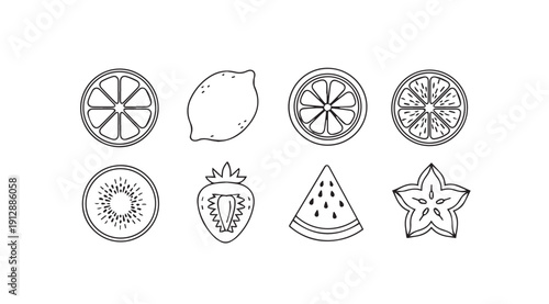 Collection of Line Art Fruit Icons: Citrus, Strawberry, Watermelon, Kiwi, Starfruit