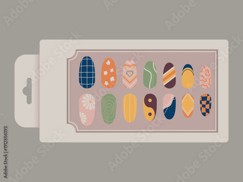 Aesthetic Acrylic Nails Product Packaging Illustration, Aesthetic Fake Nail Art Set Illustration, Trendy Acrylic Nail Designs, Press-On Nails Art, Manicure Set Product