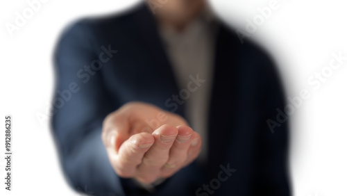 Foto Businessman Offering Open Hand Gesture Symbolizing Invitation Trust And Business Opportunity Concept