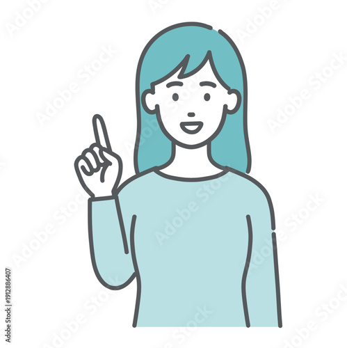 ポイントを説明する・指差しする若い女性のイラスト（人差し指を立てる・上半身）