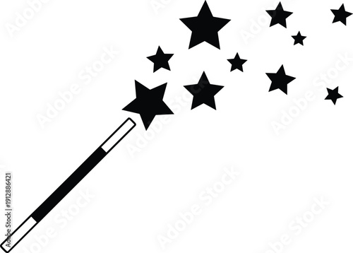 Magic wand with stars silhouette vector illustration symbolizing fantasy, illusion, spell casting, and entertainment concepts