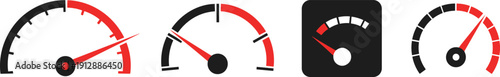 Speedometer and gauge meter icon set with red indicators for performance, speed, and dashboard interface design