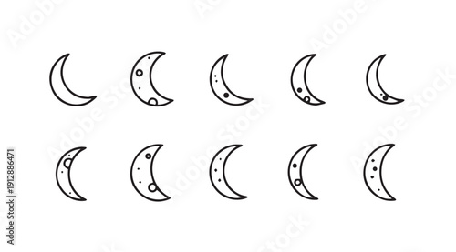 Crescent Moon Phases Icons Collection Minimalist Line Art Stock Media