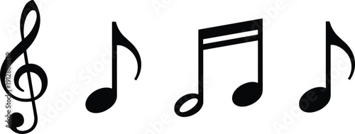 Music note and treble clef icon set with musical symbols for audio, sound, and entertainment design concepts