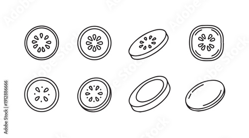 Cucumber Slices Collection Line Art, Fresh Vegetable Slices, Food Icons, Stock Illustration