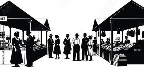 Vintage street market scene with people shopping, outdoor marketplace with stalls and figures in classic attire, retro black and white vector illustration,