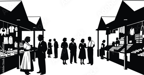 Vintage street market silhouette with people shopping at stalls, 1950s style outdoor bazaar, retro community fair, vector illustration isolated on white background