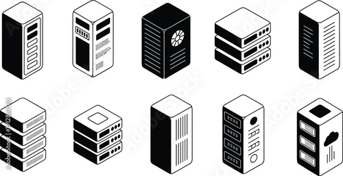 Hand-drawn isometric server and data storage icons, network towers, stacked racks, cloud computing devices, cooling fan units, IT infrastructure technology illustration concept