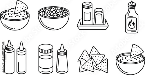 Hand-drawn snack and condiment icons, tortilla chips with dip, salsa bowl, salt and pepper shakers, hot sauce bottle, mustard ketchup squeeze bottles illustration concept